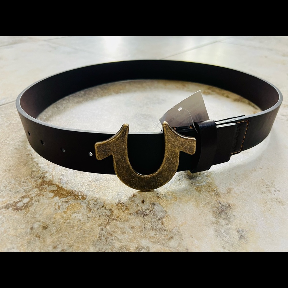 True Religion Mens Belt TR301007 Brown Sage Heavy Horseshoe Buckle Size 34